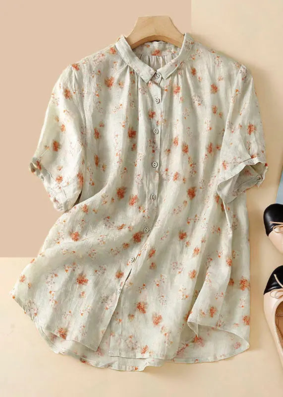 New Apricot Peter Pan Collar Print Patchwork Linen Shirt Summer Ada Fashion