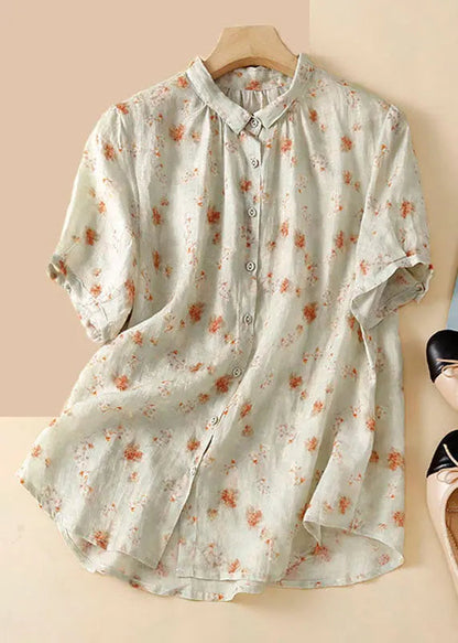 New Apricot Peter Pan Collar Print Patchwork Linen Shirt Summer Ada Fashion