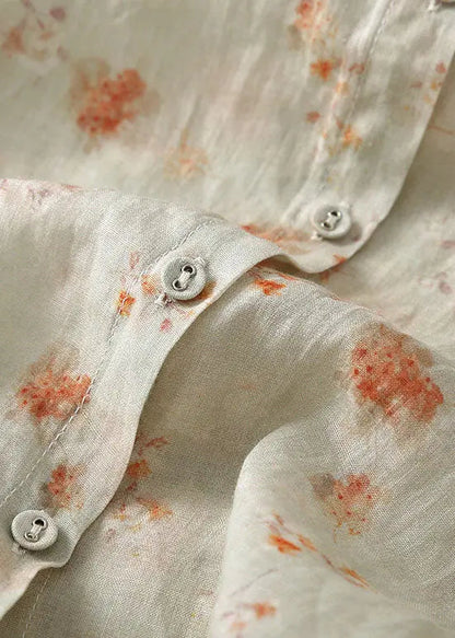 New Apricot Peter Pan Collar Print Patchwork Linen Shirt Summer Ada Fashion