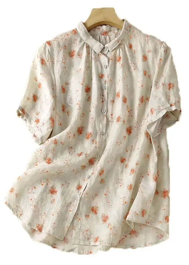 New Apricot Peter Pan Collar Print Patchwork Linen Shirt Summer Ada Fashion