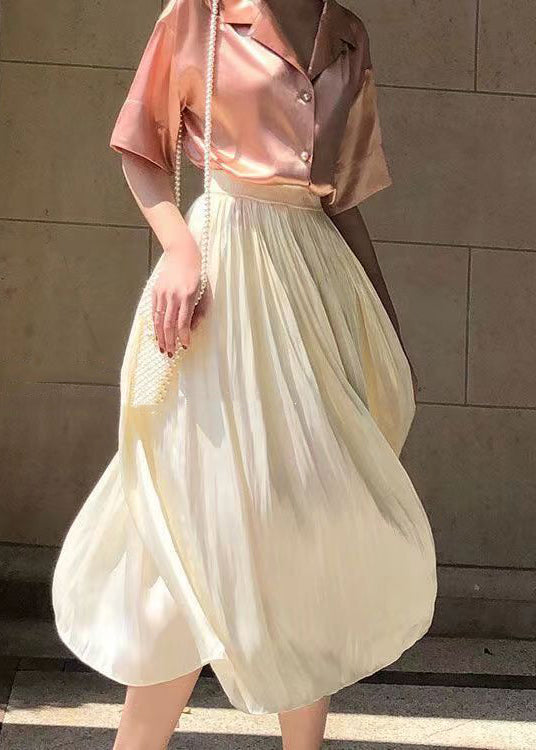 New Apricot Wrinkled Waist Silk Skirt