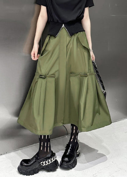 New Army Green Pockets High Waist Patchwork Cotton A Line Skirts Fall Ada Fashion