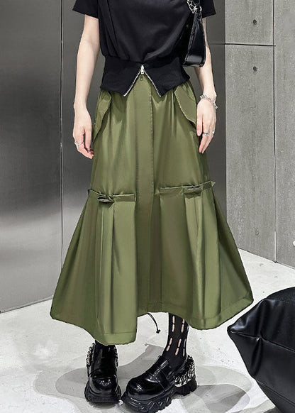 New Army Green Pockets High Waist Patchwork Cotton A Line Skirts Fall Ada Fashion