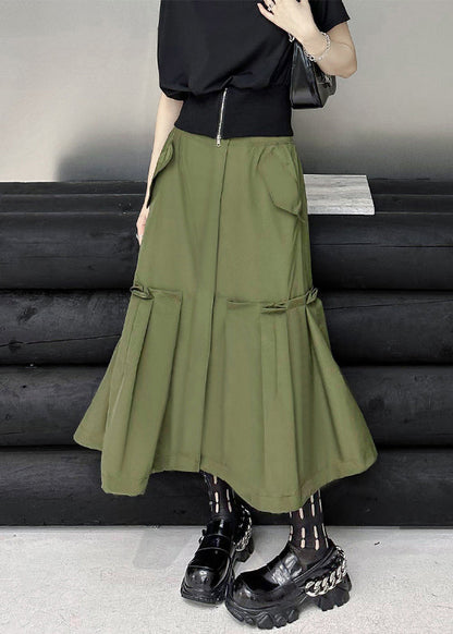 New Army Green Pockets High Waist Patchwork Cotton A Line Skirts Fall Ada Fashion