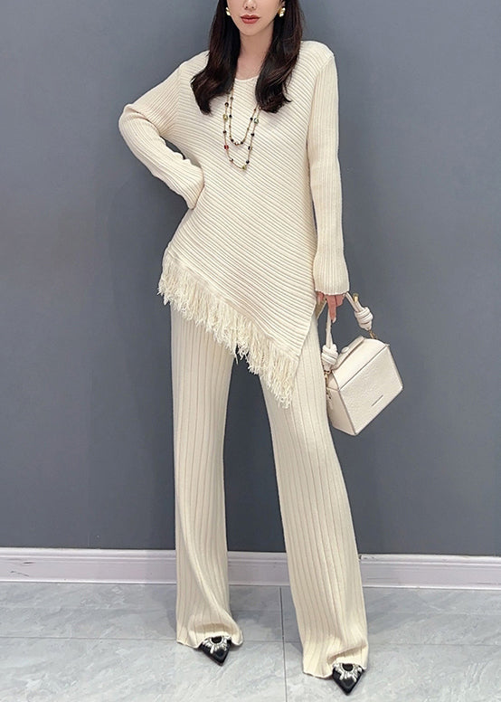 New Beige Asymmetrical Tasseled Patchwork Cotton Knit Two Pieces Set Fall Ada Fashion