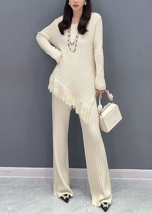 New Beige Asymmetrical Tasseled Patchwork Cotton Knit Two Pieces Set Fall Ada Fashion