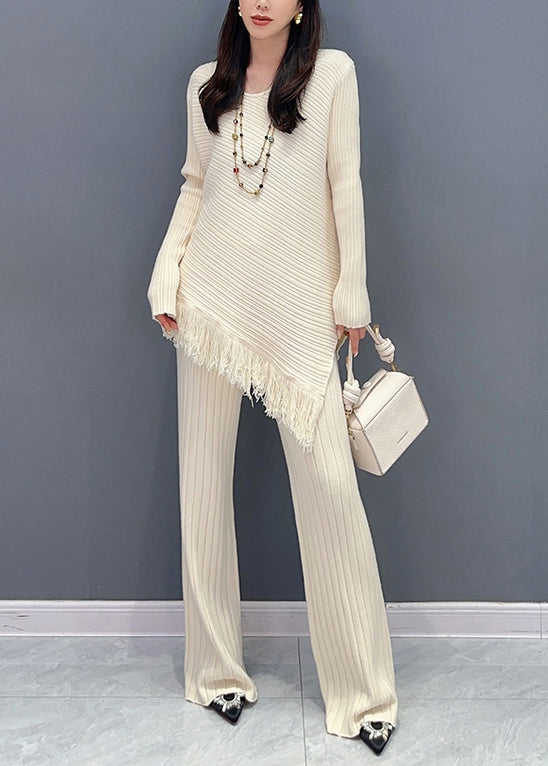 New Beige Asymmetrical Tasseled Patchwork Cotton Knit Two Pieces Set Fall Ada Fashion