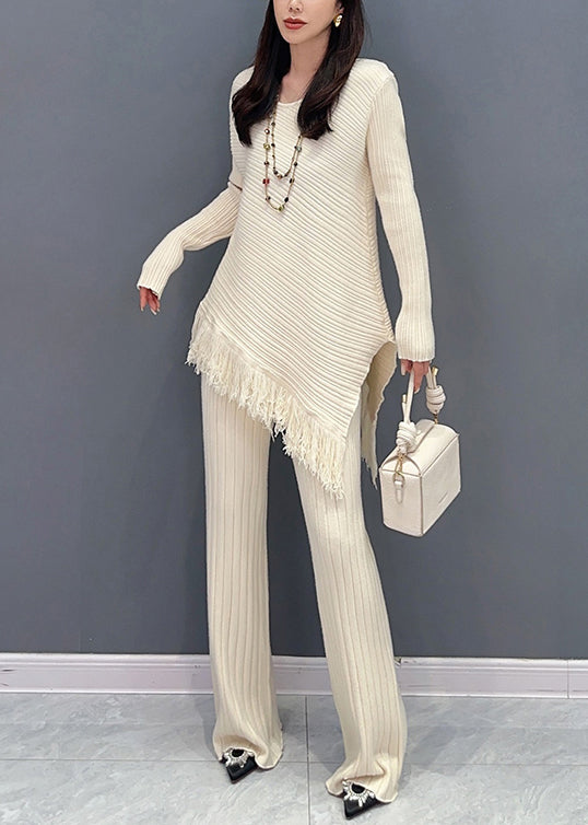 New Beige Asymmetrical Tasseled Patchwork Cotton Knit Two Pieces Set Fall Ada Fashion