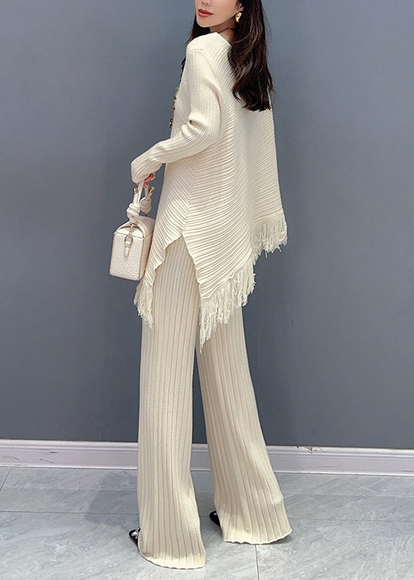 New Beige Asymmetrical Tasseled Patchwork Cotton Knit Two Pieces Set Fall Ada Fashion