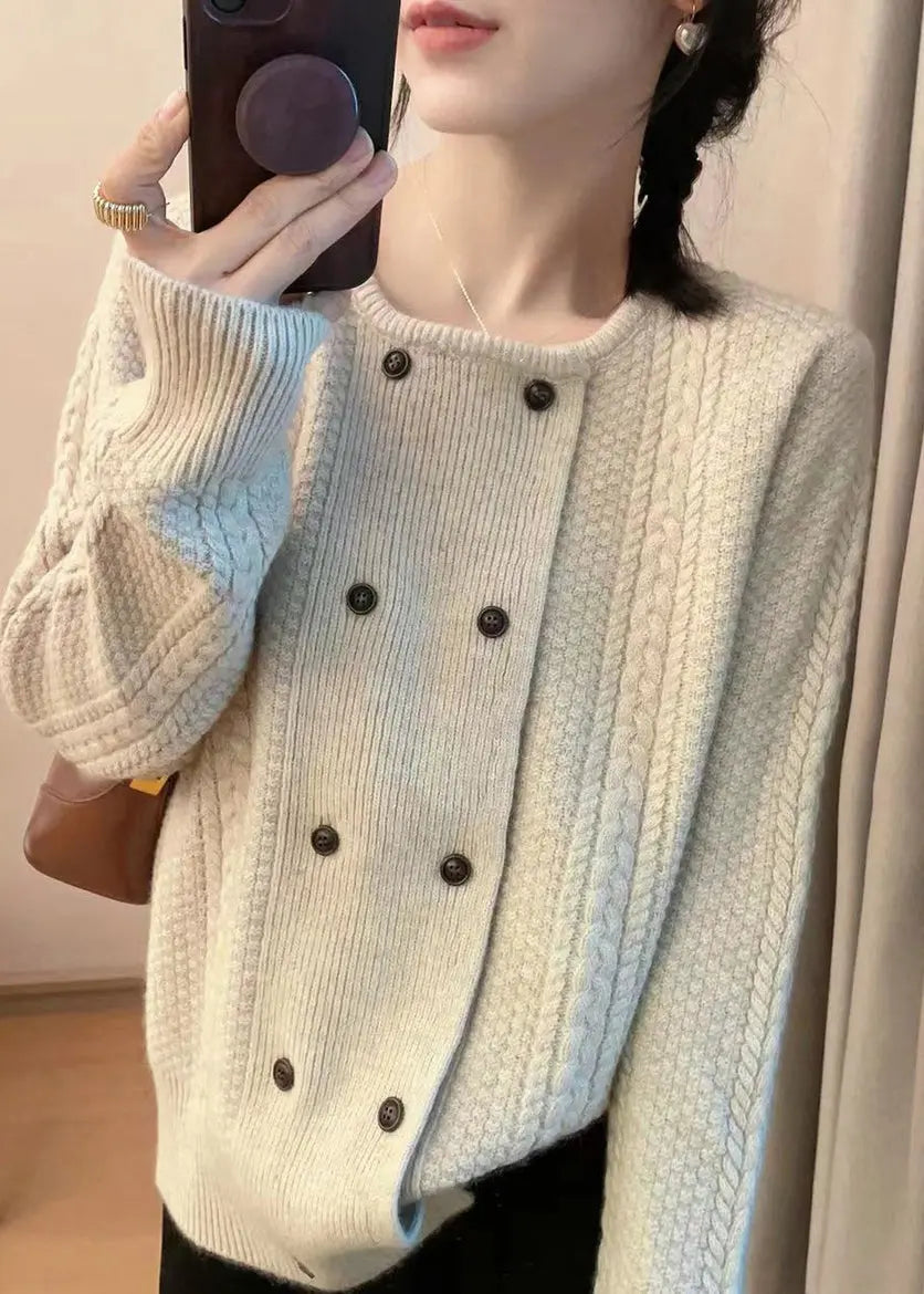 New Beige O Neck Double Breast Cotton Knit Top Fall Ada Fashion