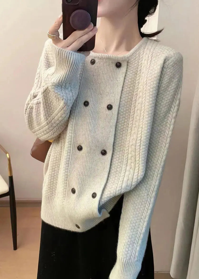 New Beige O Neck Double Breast Cotton Knit Top Fall Ada Fashion