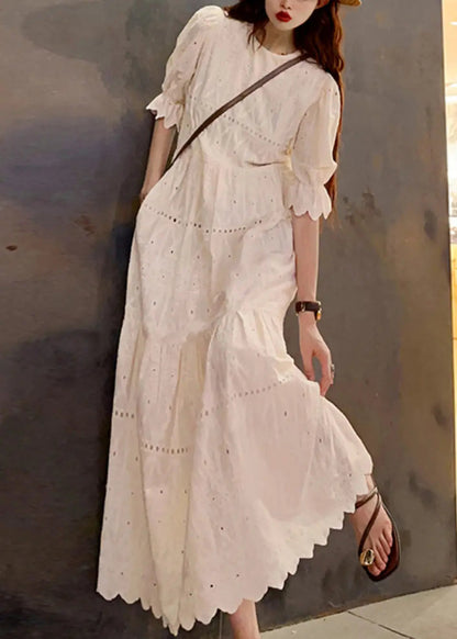 New Beige O Neck Hollow Out Patchwork Cotton Long Dress Summer Ada Fashion