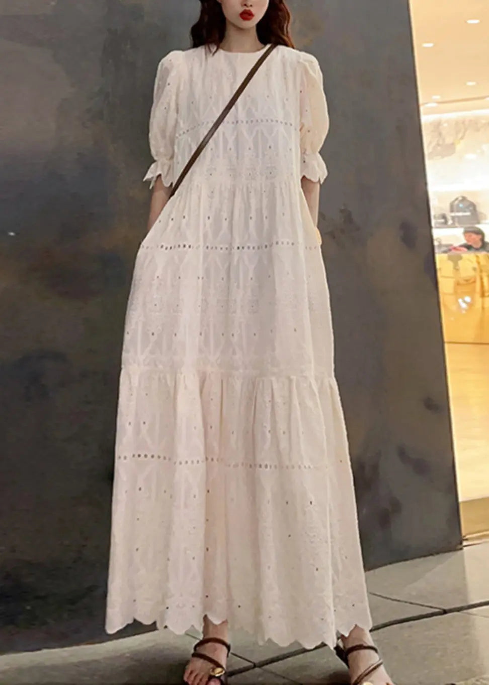 New Beige O Neck Hollow Out Patchwork Cotton Long Dress Summer Ada Fashion