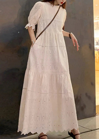 New Beige O Neck Hollow Out Patchwork Cotton Long Dress Summer Ada Fashion