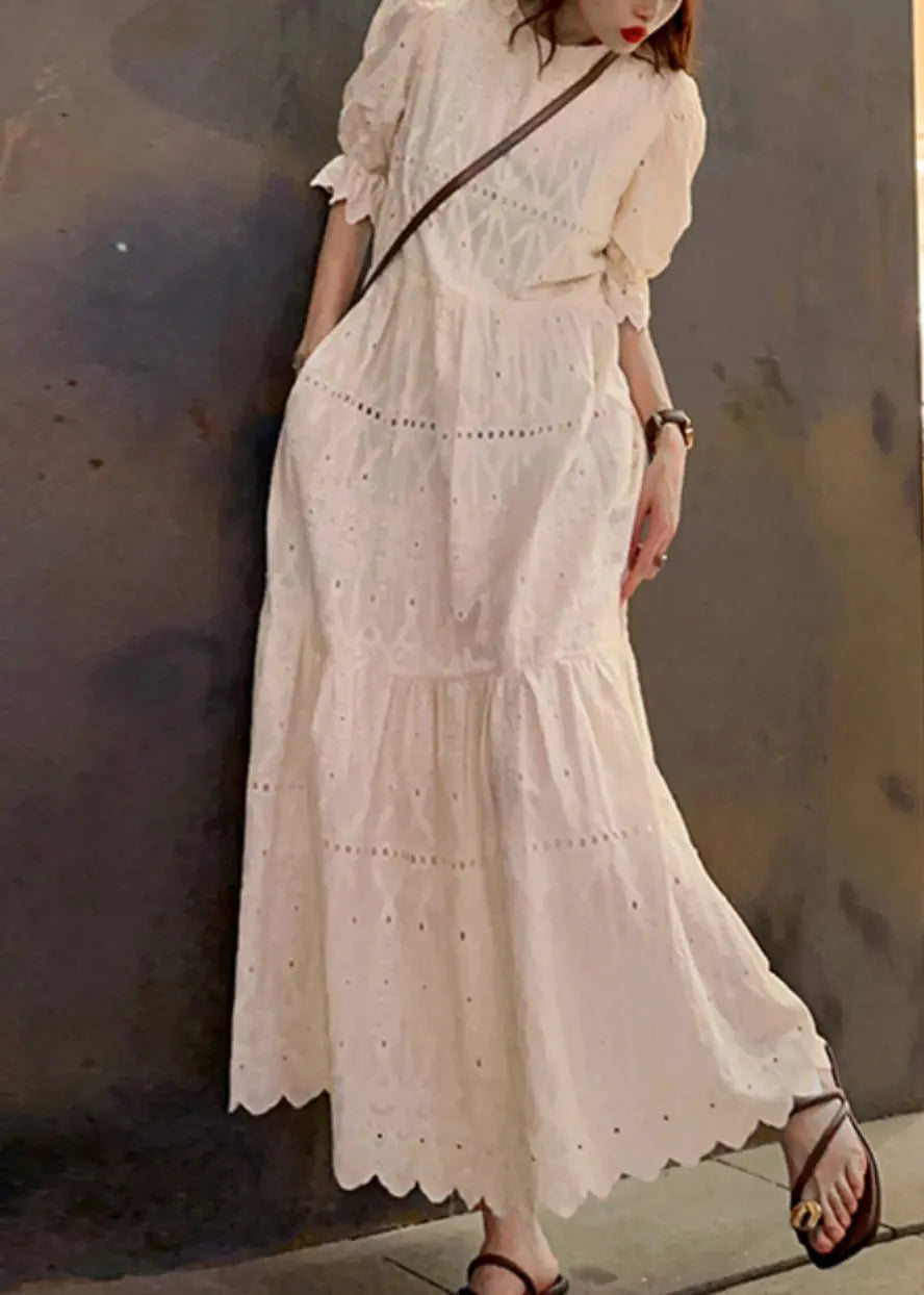 New Beige O Neck Hollow Out Patchwork Cotton Long Dress Summer Ada Fashion