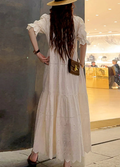 New Beige O Neck Hollow Out Patchwork Cotton Long Dress Summer Ada Fashion