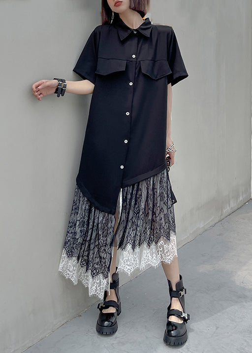 New Black Asymmetrical Button Lace Patchwork Shirts Long Dresses Summer Ada Fashion