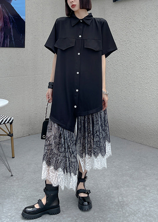 New Black Asymmetrical Button Lace Patchwork Shirts Long Dresses Summer Ada Fashion