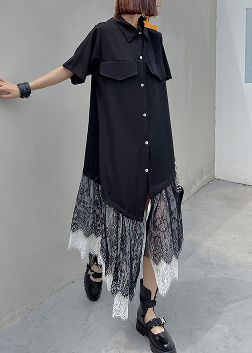 New Black Asymmetrical Button Lace Patchwork Shirts Long Dresses Summer Ada Fashion