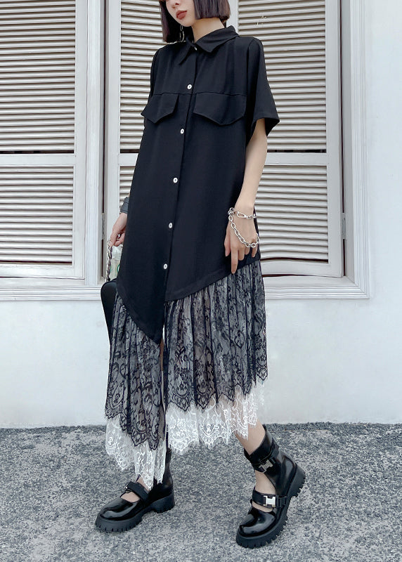 New Black Asymmetrical Button Lace Patchwork Shirts Long Dresses Summer Ada Fashion