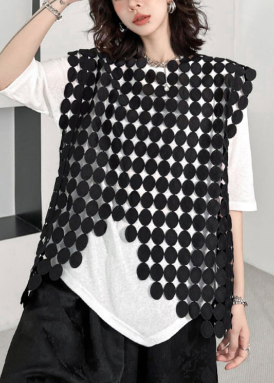 New Black Asymmetrical Hollow Out Patchwork Cotton Waistcoat Sleeveless Ada Fashion