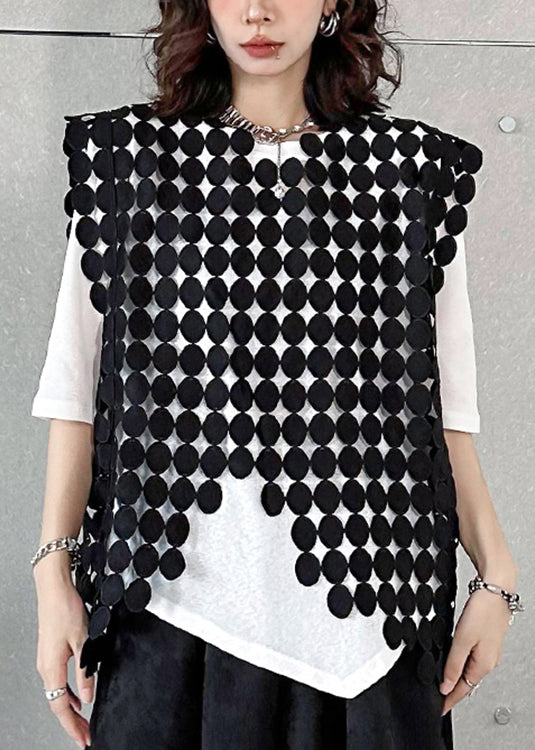 New Black Asymmetrical Hollow Out Patchwork Cotton Waistcoat Sleeveless Ada Fashion