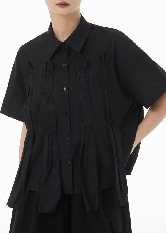 New Black Asymmetrical Wrinkled Patchwork Cotton Shirts Summer Ada Fashion