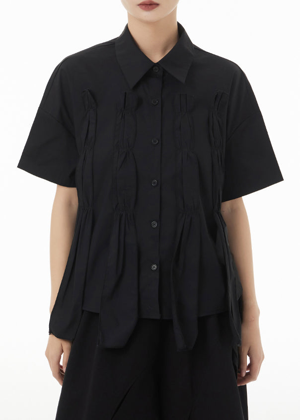 New Black Asymmetrical Wrinkled Patchwork Cotton Shirts Summer Ada Fashion