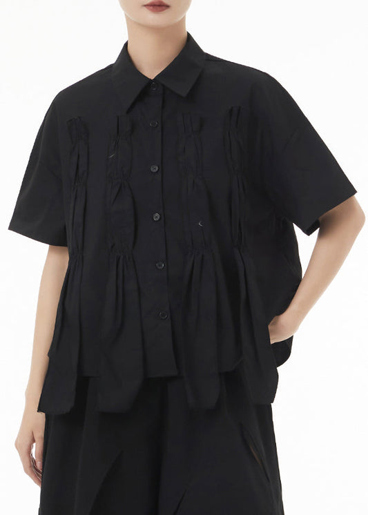 New Black Asymmetrical Wrinkled Patchwork Cotton Shirts Summer Ada Fashion