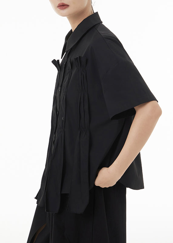 New Black Asymmetrical Wrinkled Patchwork Cotton Shirts Summer Ada Fashion