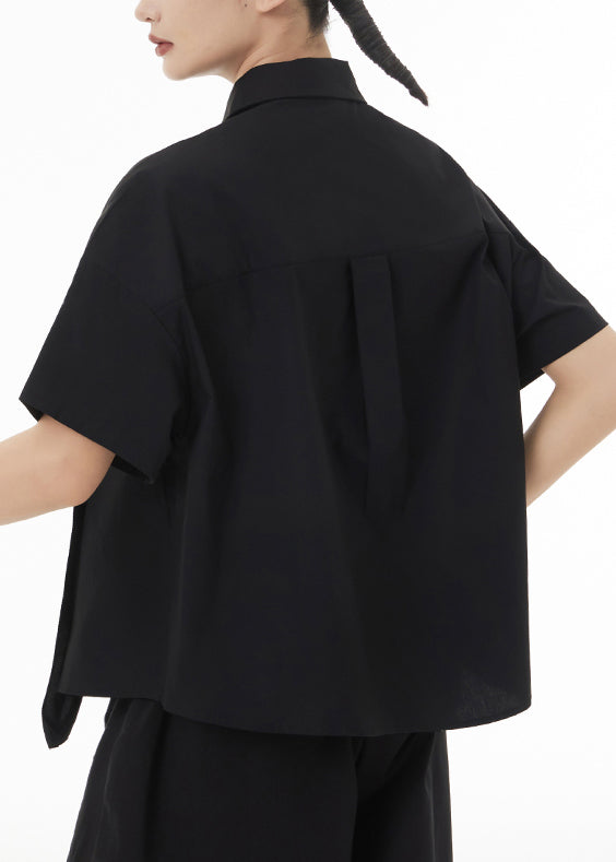 New Black Asymmetrical Wrinkled Patchwork Cotton Shirts Summer Ada Fashion