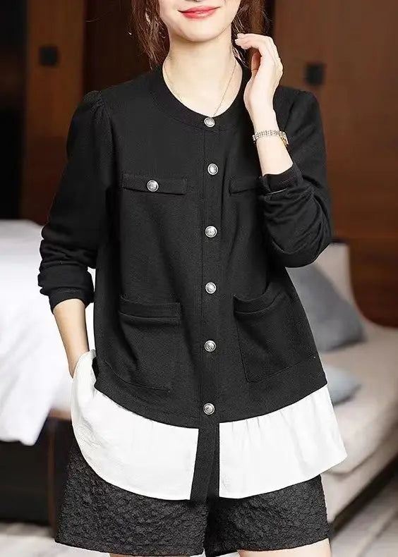 New Black Button Pockets Patchwork Cotton Top Long Sleeve Ada Fashion