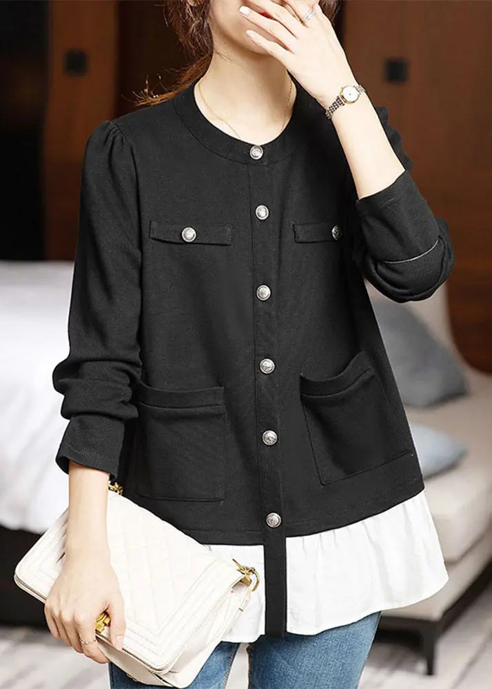 New Black Button Pockets Patchwork Cotton Top Long Sleeve Ada Fashion