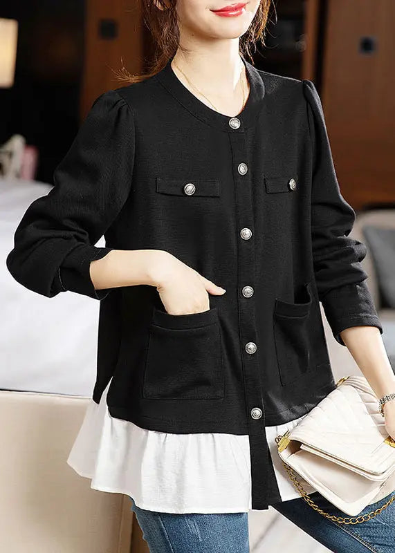 New Black Button Pockets Patchwork Cotton Top Long Sleeve Ada Fashion