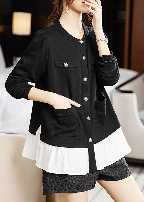 New Black Button Pockets Patchwork Cotton Top Long Sleeve Ada Fashion