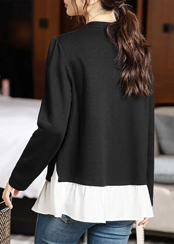 New Black Button Pockets Patchwork Cotton Top Long Sleeve Ada Fashion