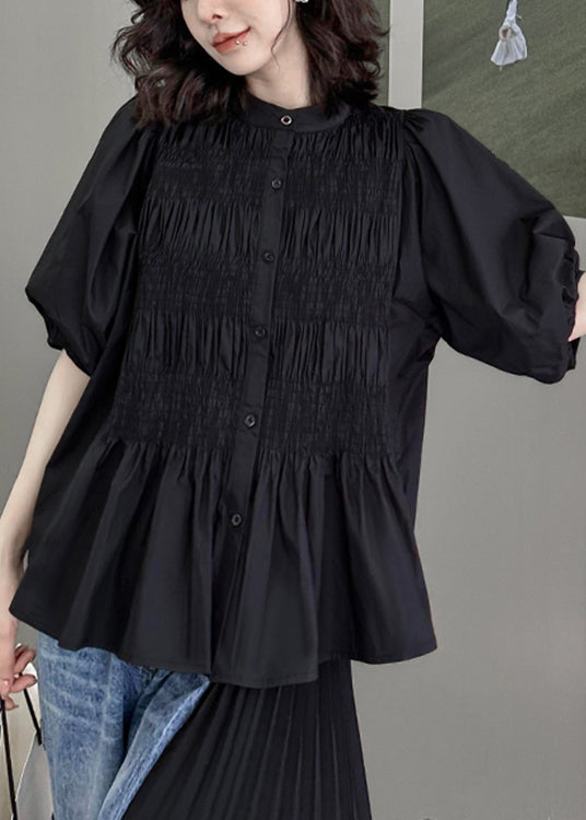 New Black Button Wrinkled Patchwork Cotton Shirt Tops Lantern Sleeve Ada Fashion