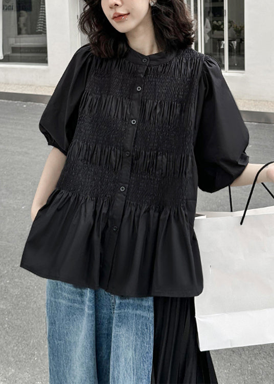 New Black Button Wrinkled Patchwork Cotton Shirt Tops Lantern Sleeve Ada Fashion