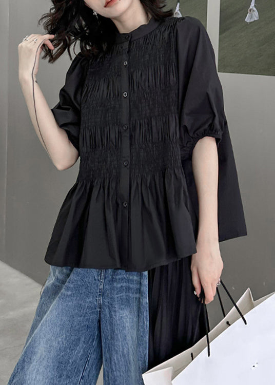 New Black Button Wrinkled Patchwork Cotton Shirt Tops Lantern Sleeve Ada Fashion