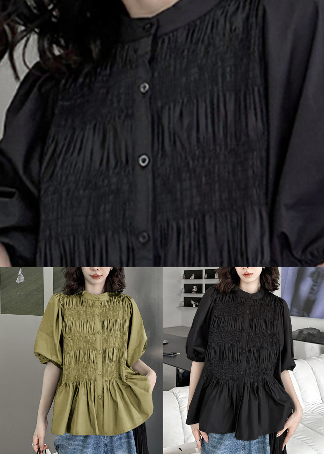 New Black Button Wrinkled Patchwork Cotton Shirt Tops Lantern Sleeve Ada Fashion