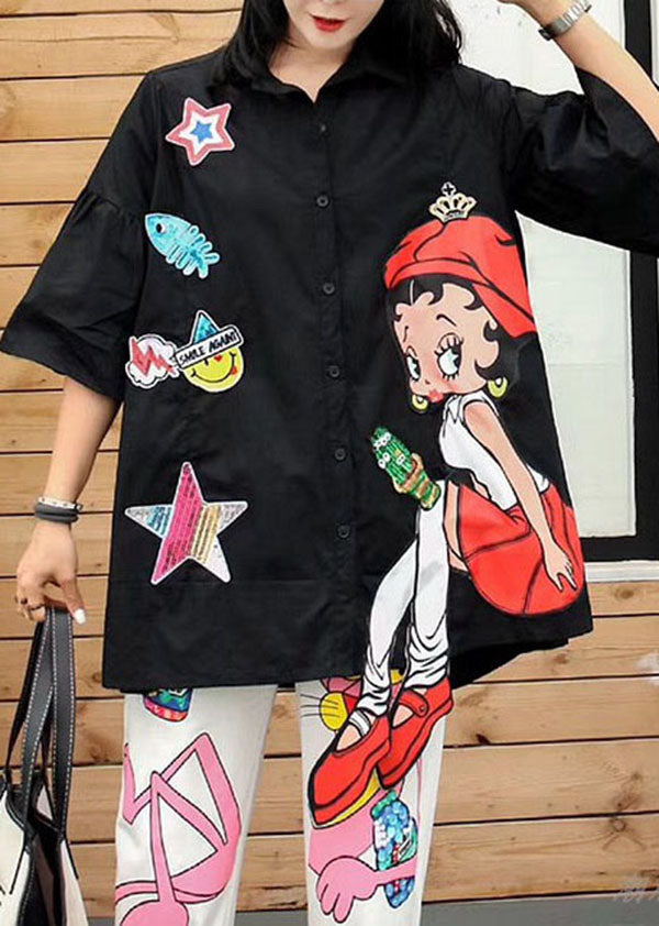 New Black Cartoon Sequins Patchwork Cotton Shirts Top Summer LY3992 - fabuloryshop