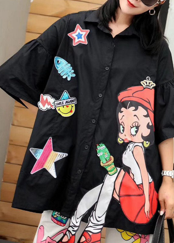 New Black Cartoon Sequins Patchwork Cotton Shirts Top Summer LY3992 - fabuloryshop