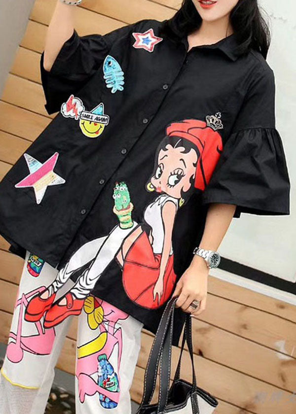 New Black Cartoon Sequins Patchwork Cotton Shirts Top Summer LY3992 - fabuloryshop