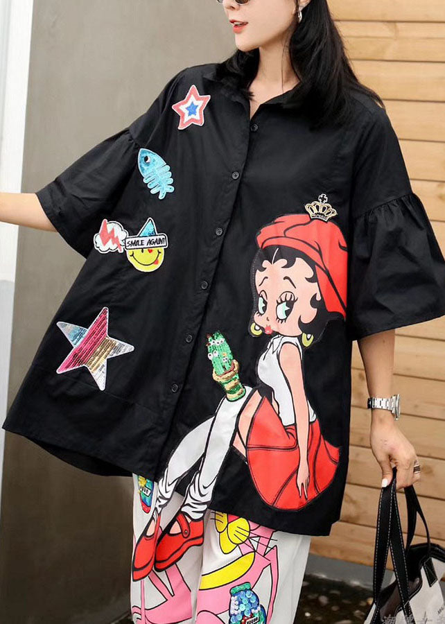 New Black Cartoon Sequins Patchwork Cotton Shirts Top Summer LY3992 - fabuloryshop