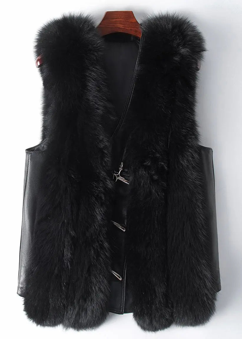 New Black Fox Collar Button Patchwork Leather And Fur Waistcoat Sleeveless Ada Fashion