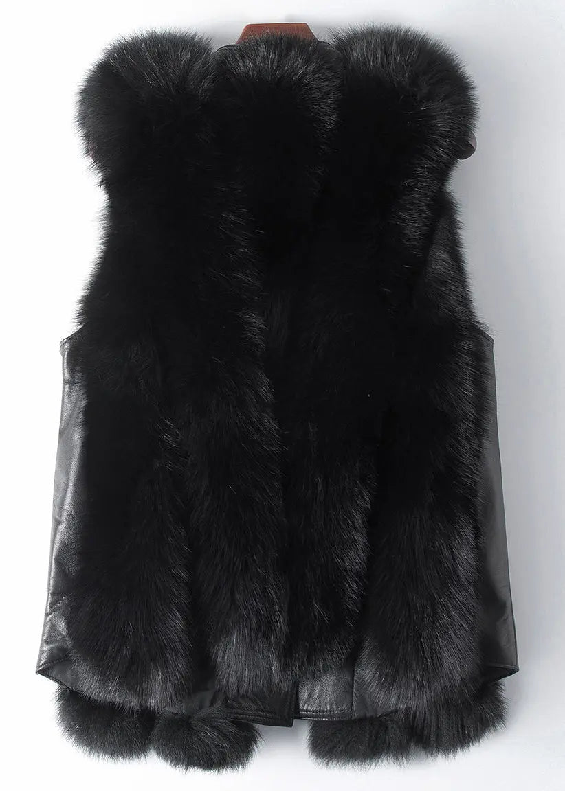 New Black Fox Collar Button Patchwork Leather And Fur Waistcoat Sleeveless Ada Fashion