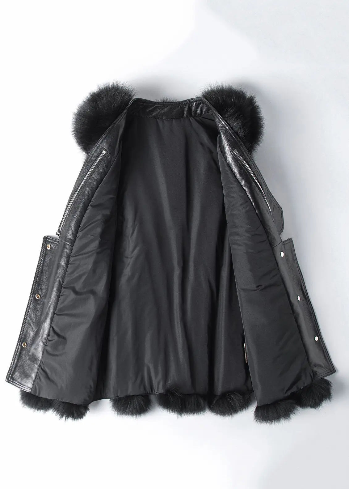 New Black Fox Collar Button Patchwork Leather And Fur Waistcoat Sleeveless Ada Fashion