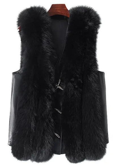 New Black Fox Collar Button Patchwork Leather And Fur Waistcoat Sleeveless Ada Fashion