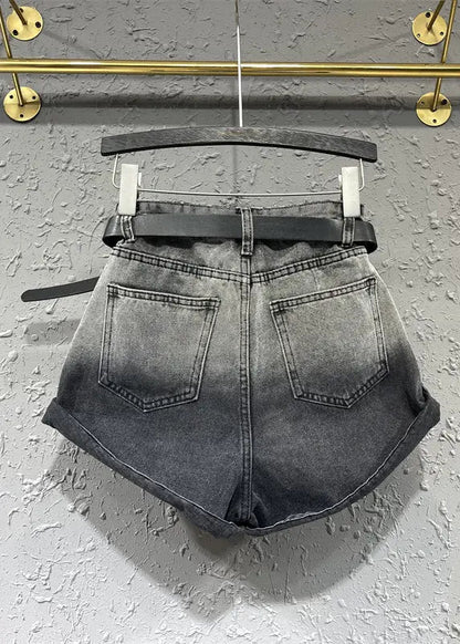 New Black Grey Gradient Design Pocket Panel Denim Shorts Autumn Ada Fashion