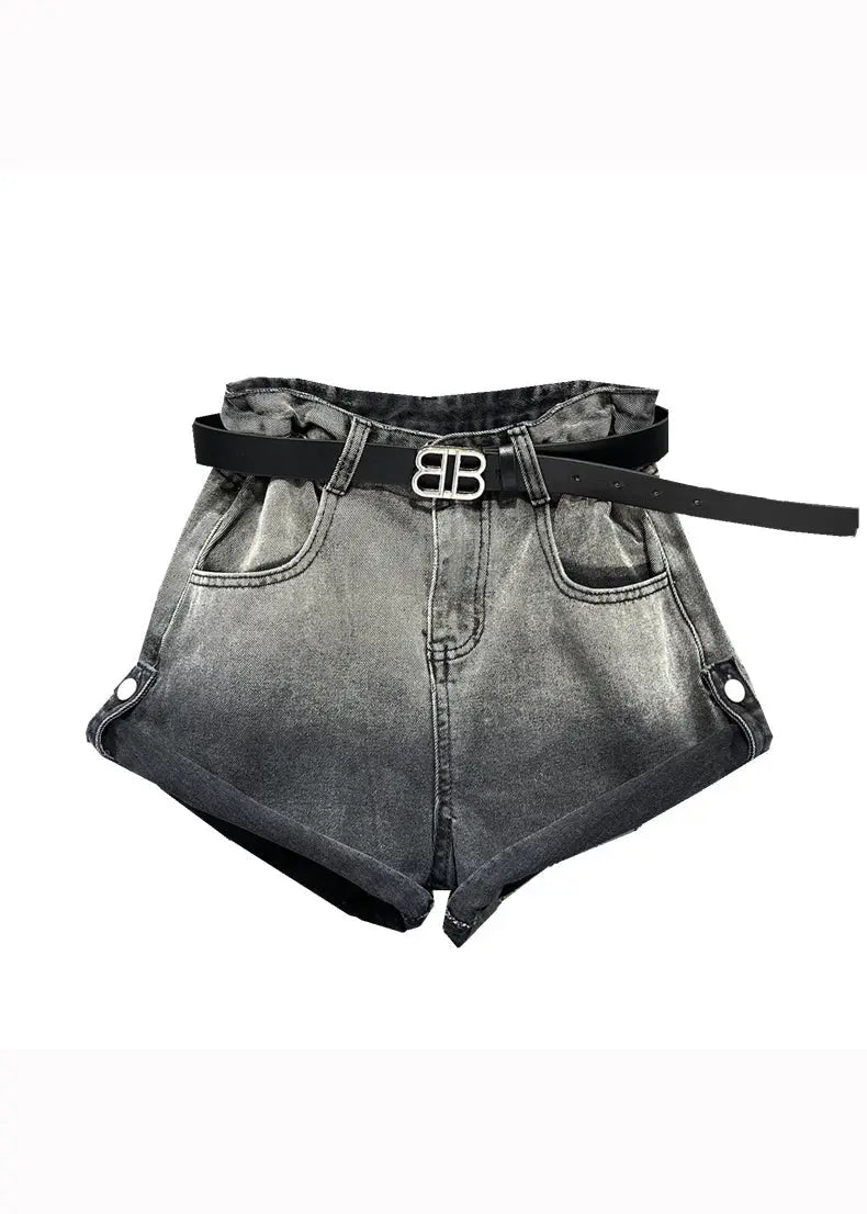 New Black Grey Gradient Design Pocket Panel Denim Shorts Autumn Ada Fashion